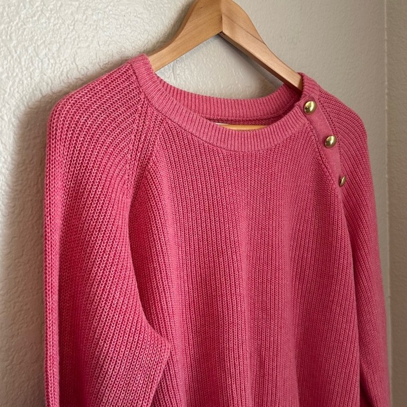 NWT, J Crew Women’s Button Raglan Crewneck Sweater in Heather Pink Coral, Large - Picture 3 of 7